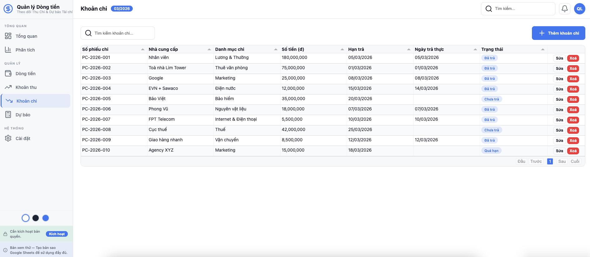Quản lý khoản chi