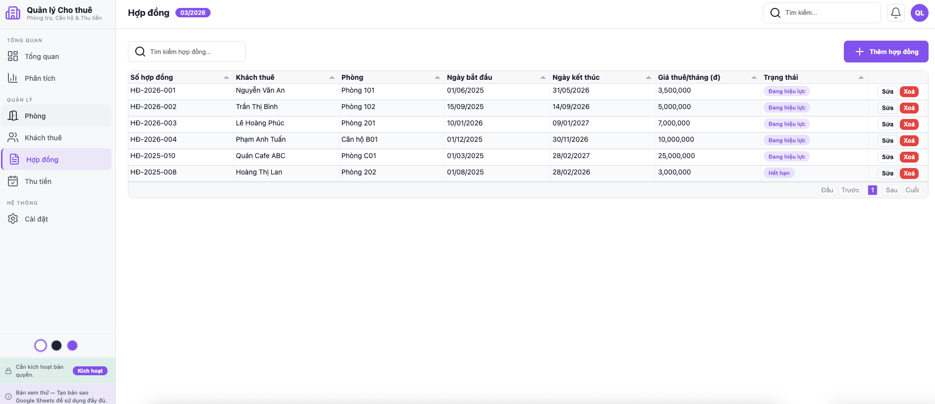 Danh sách hợp đồng — theo dõi ngày bắt đầu, kết thúc, giá thuê, trạng thái từng hợp đồng