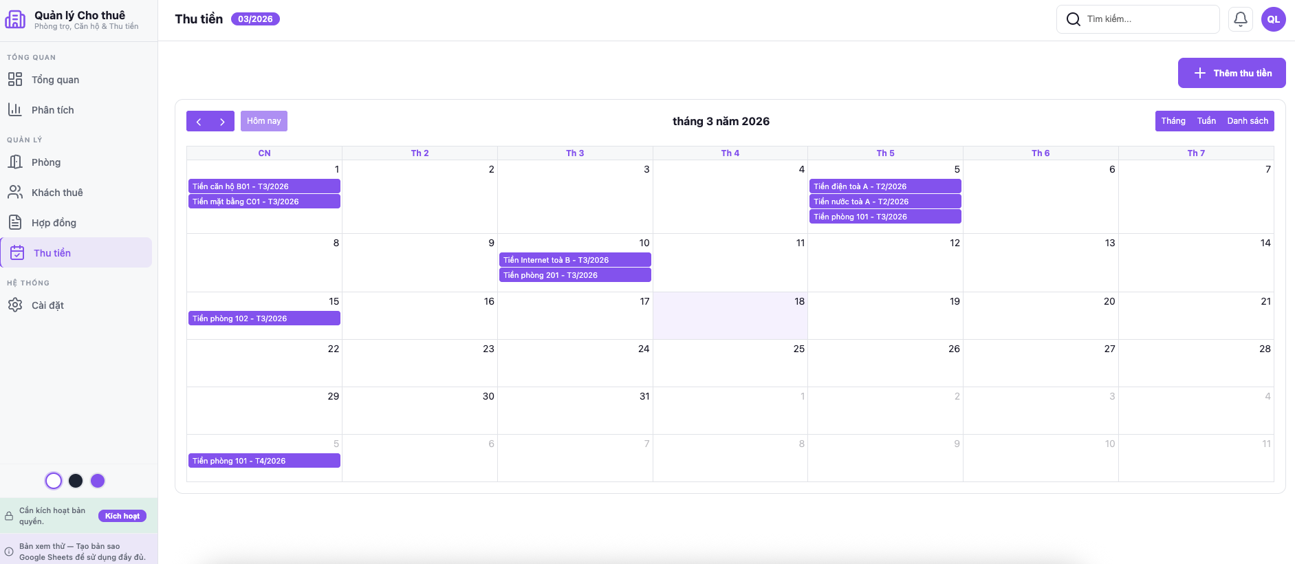 Lịch thu tiền — xem lịch thu theo tháng, biết ngay phòng nào đến hạn