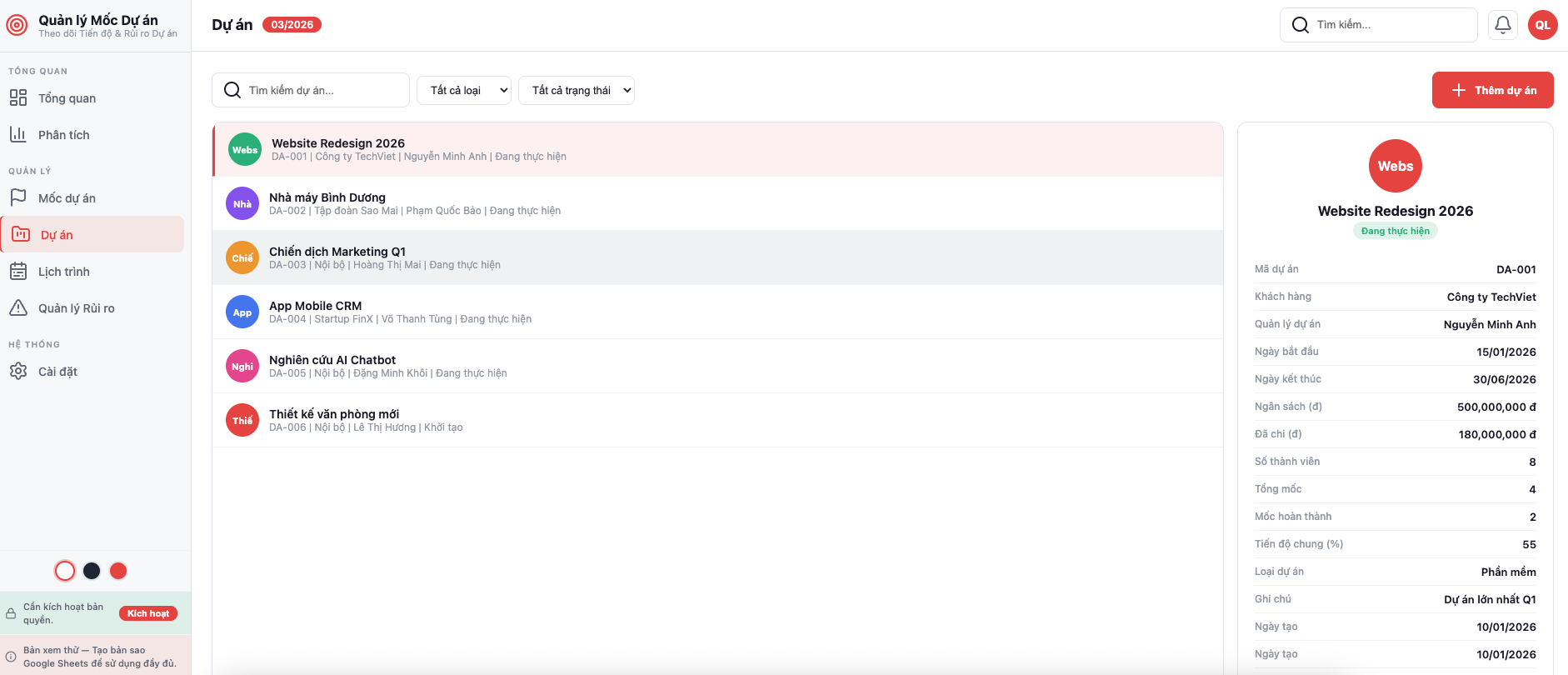 Quản lý Mốc Dự án screenshot 5